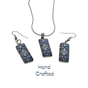 Hand Crafted Blue White Glass Rectangle Pendant Necklace Earrings Set NWT